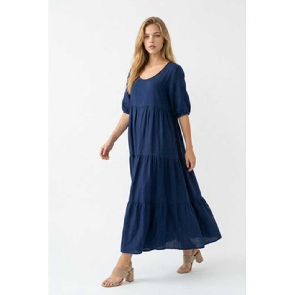 Natural Life Dress Womens L Blue Maxi Tiered Puff Sleeve Swing Trapeze Boho